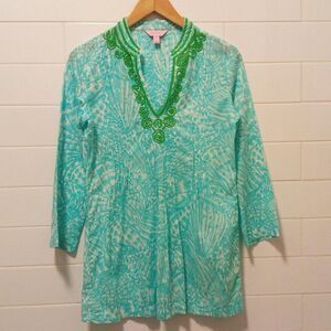 LILLY PULITZER top dress beaded blue green coverup XS beach artsy vacation summe